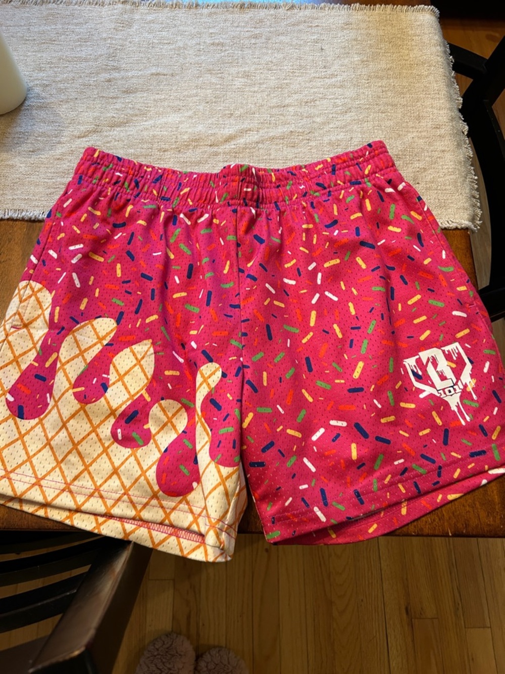 Novelty Pink Sprinkle Athletic Shorts with Ice Cream Graphic